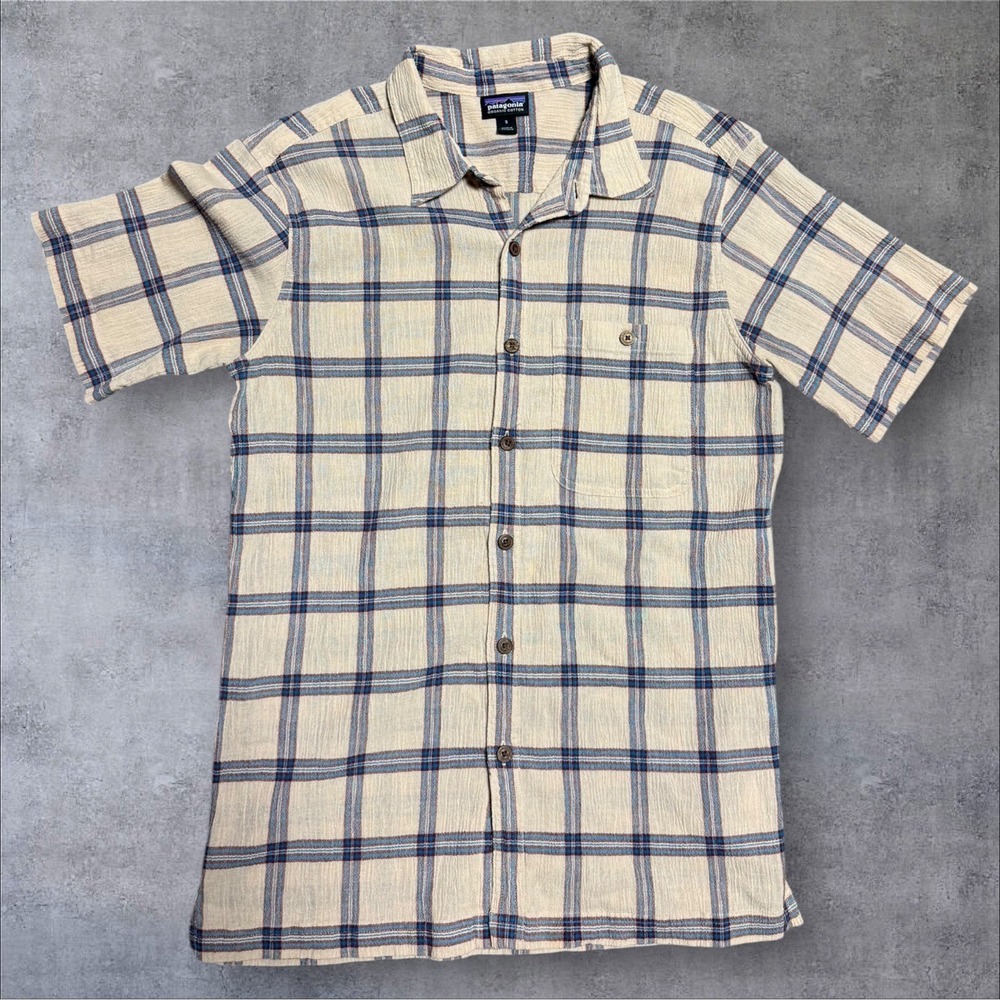 Patagonia Shirt Mens Small Beige Plaid Crepe‎ Organic Cotton Preppy Outdoors